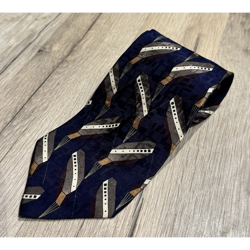 Conte di Milano 100% Silk Blue/White/Gold/Burgundy Geometric Woven Logo Tie
